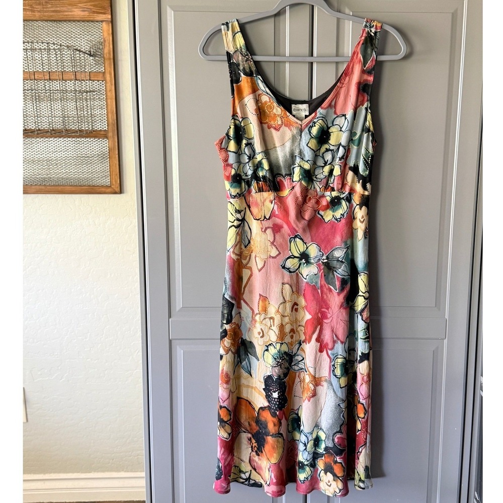 Chico's Vintage Y2K Women Abstract Floral Silk Midi Dress, Multicolor, 1.5 (10)